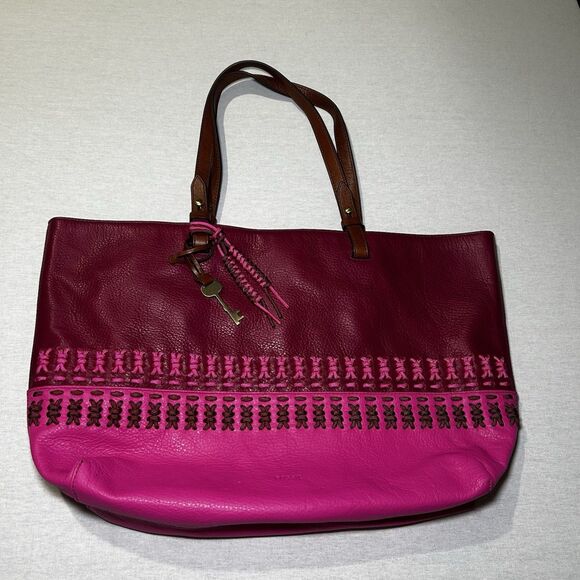 Fossil Rachel tote bag in a raspberry wine and hot pink color-block leather - Picture 1 of 6